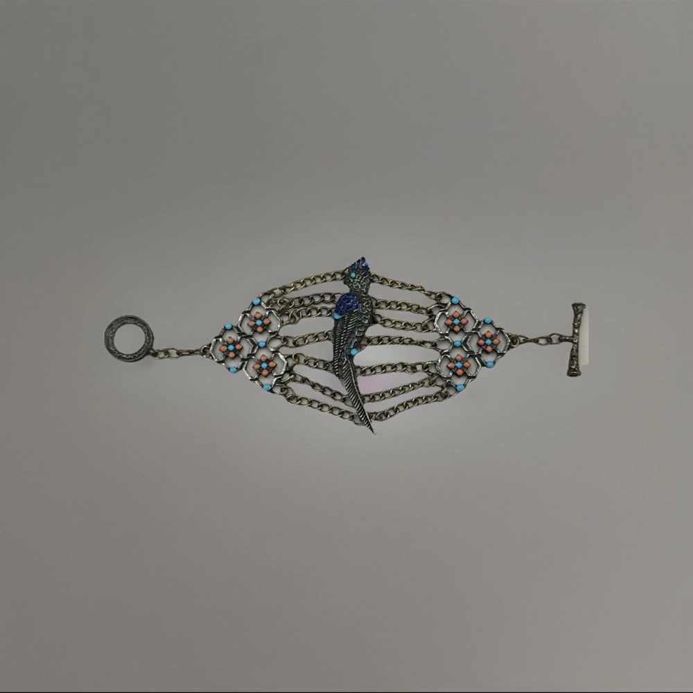 Vintage Multi-Chain Parrot Charm Bracelet | Enamel Bird with Boho Floral Accent